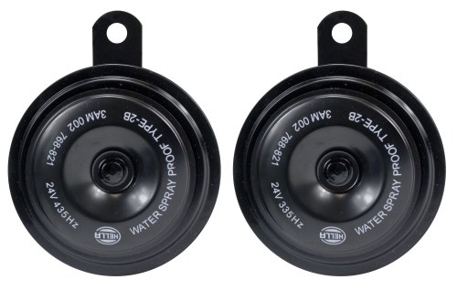 Hella Horn, S92 Series, One 435 Hertz High-Tone Disc Horn/ One 335 Hertz Low-Tone Disc Horn, 113 Decibels, 24 Volt, 72 Watt – 002768821