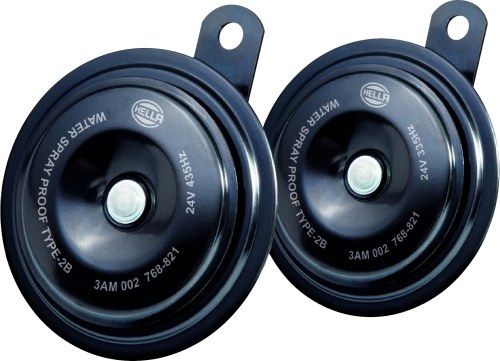 Hella Horn, S92 Series, One 435 Hertz High-Tone Disc Horn/ One 335 Hertz Low-Tone Disc Horn, 113 Decibels, 24 Volt, 72 Watt – 002768821