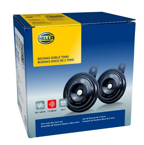 Hella Horn, S92 Series, One 435 Hertz High-Tone Disc Horn/ One 335 Hertz Low-Tone Disc Horn, 113 Decibels, 24 Volt, 72 Watt – 002768821