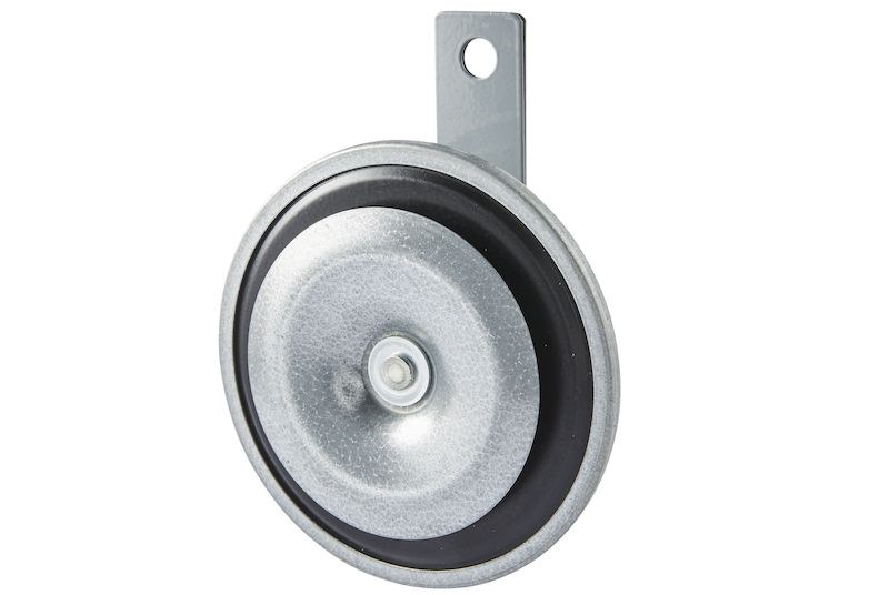 Hella Horn, M26 Series, One 400 Hertz High-Tone Disc Horn, 115 Decibels, 12 Volt, 76 Watt, 3.8 Inch Round, Silver/ Black Diaphragm – 002952811