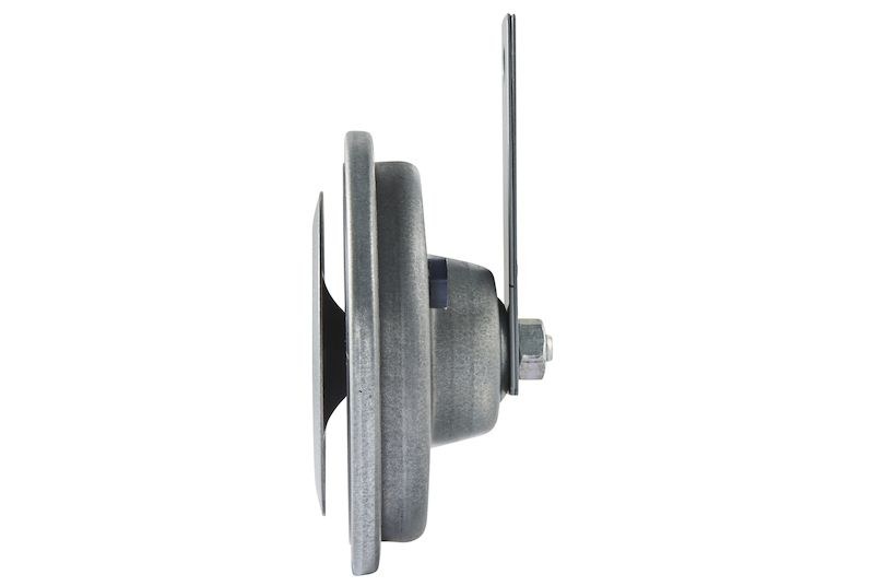 Hella Horn, M26 Series, One 400 Hertz High-Tone Disc Horn, 115 Decibels, 12 Volt, 76 Watt, 3.8 Inch Round, Silver/ Black Diaphragm – 002952811