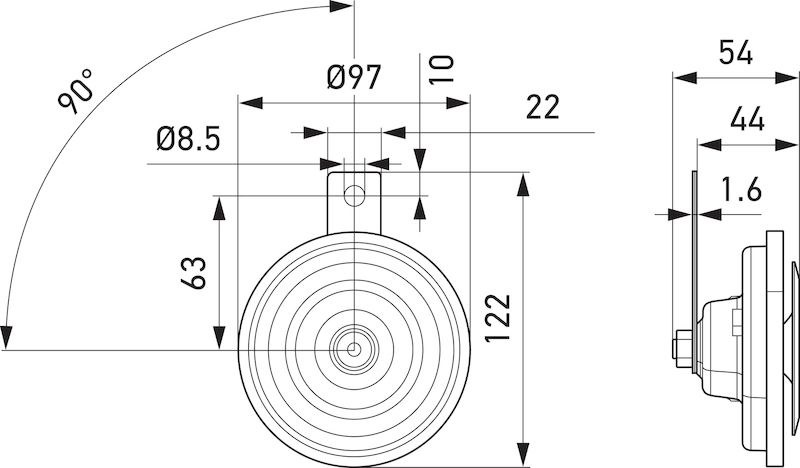 Hella Horn, M26 Series, One 400 Hertz High-Tone Disc Horn, 115 Decibels, 12 Volt, 76 Watt, 3.8 Inch Round, Silver/ Black Diaphragm – 002952811