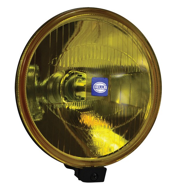 Hella Driving/ Fog Light, 500 Series, Halogen Bulb, H3 Clear Halogen Bulb, 6.4 Inch Round, 55 Watt, Driving Beam, Amber Lens – 005750512