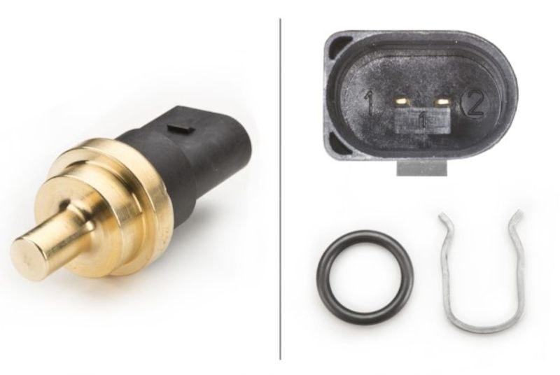 Hella Coolant Temperature Sensor, 12 Volt, 2 Pin Terminal, Push-IN Mount, Black, With Gasket/ Seal, Ntc Sensor – 009309331