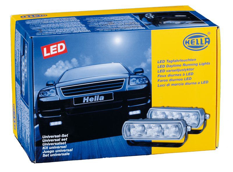 Hella Daytime Running Light – LED, Chrome Rectangular Housing, Clear Lens, LED Bulb, Set of 2 – 009496801