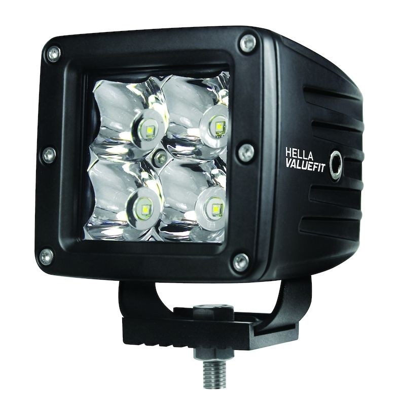 Hella Driving/ Fog Light, Optilux ®, LED Bulb, 4 LED Clear Bulb, 3.2 Inch Square, 12 Watt, Spot Beam, Clear Lens, Black Aluminum Housing – 357204821
