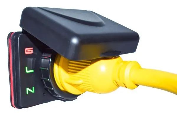 Hughes Auto Power Inlet Port, Safeview™, Manual Power Disconnect, 30 Amp, 125 Volt, Black, Nickel Plated Contacts, Twist Lock Design – SV30API