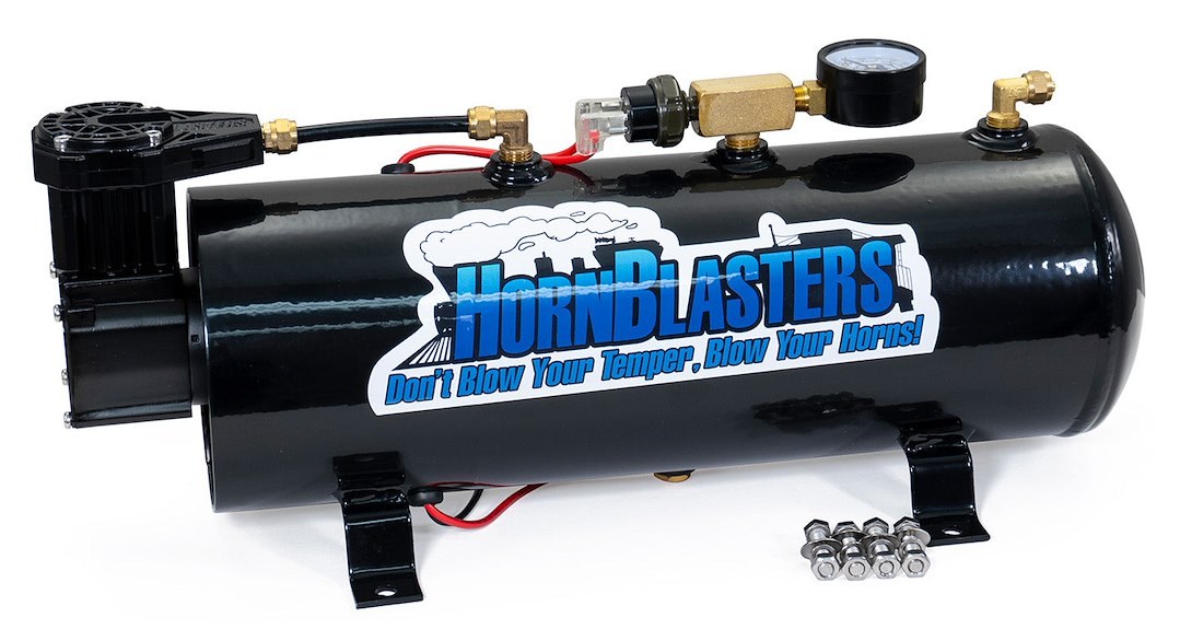 Hornblaster Air Horn, 2-Chime, Single Tone, 2 Round Trumpets, Longest Trumpet 15.75 Inch Length, Black, Steel – HK-2CHIME-M3