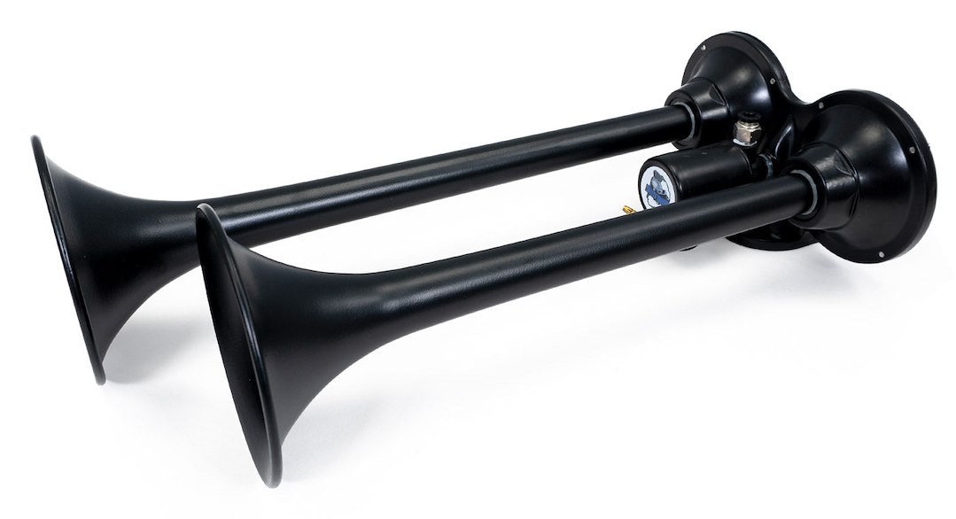 Hornblaster Air Horn, 2-Chime, Single Tone, 2 Round Trumpets, Longest Trumpet 15.75 Inch Length, Black, Steel – HK-2CHIME-M3