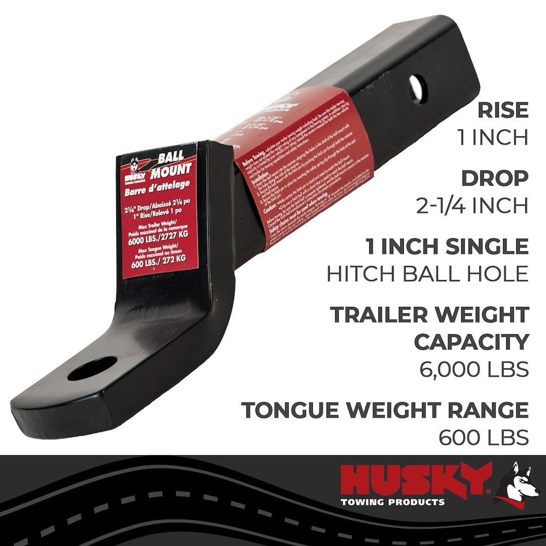 Husky Towing Trailer Hitch Ball Mount, Class III/ IV, Fits 2 Inch Receiver, 6000 Pound Gross Trailer Weight, 2-1/4 Inch Drop/ 1 Inch Rise – 31362