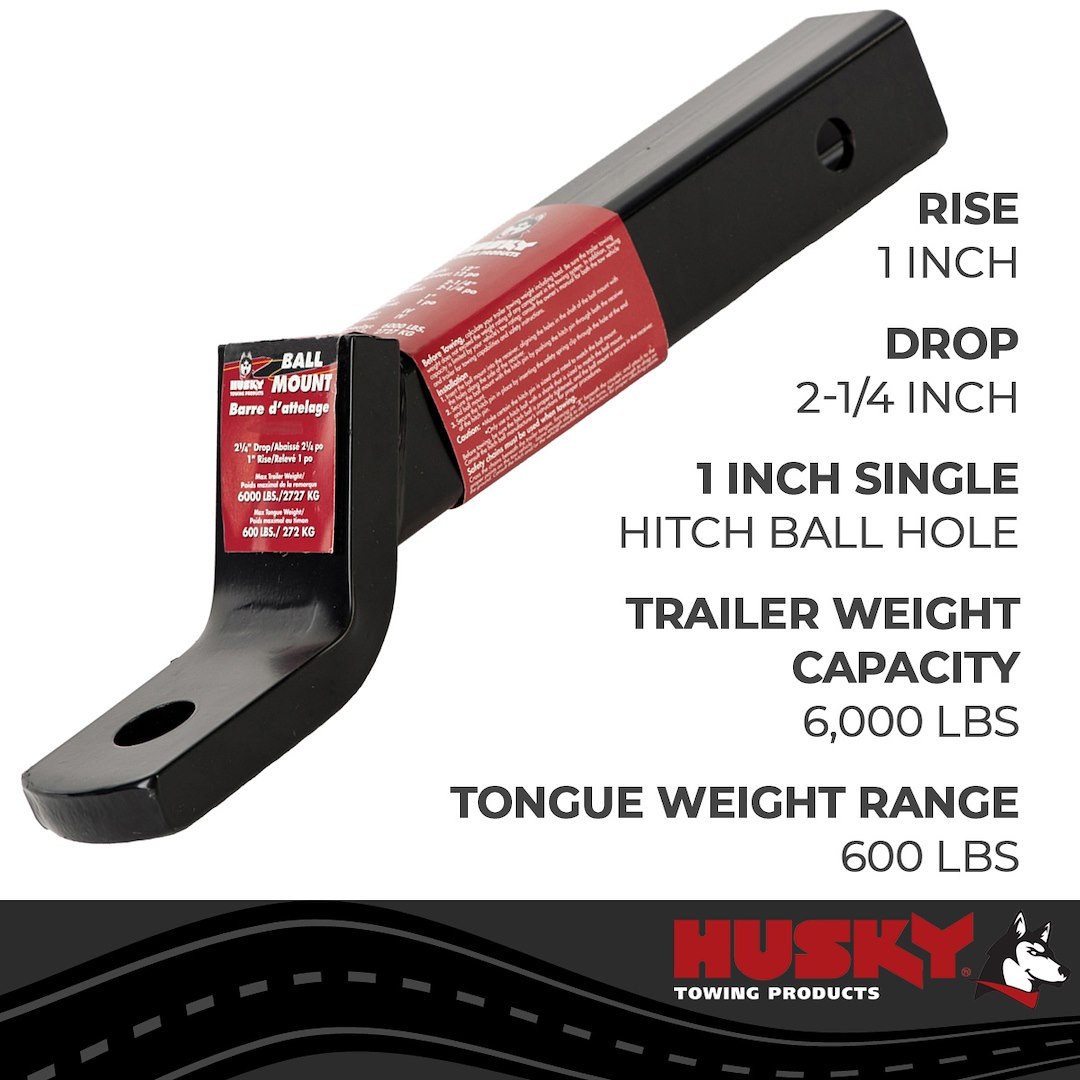Husky Towing Trailer Hitch Ball Mount, Class III/ IV, Fits 2 Inch Receiver, 6000 Pound Gross Trailer Weight, 2-1/4 Inch Drop/ 1 Inch Rise – 31369