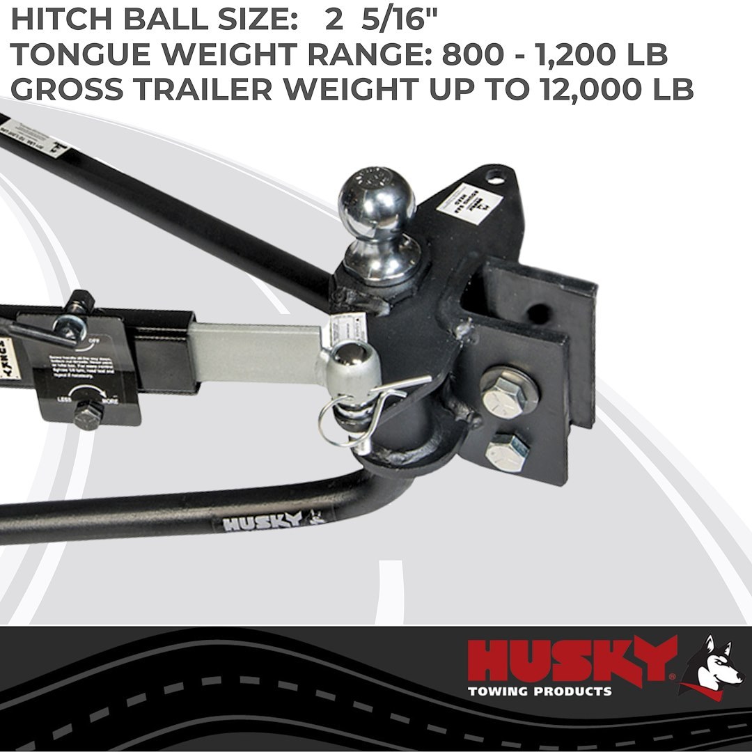 Husky Towing Weight Distribution Hitch, Husky Round Bar, 800 to 1200 Pound Tongue Weight, 12000 Pound Gross Trailer Weight, Without Shank – 33093