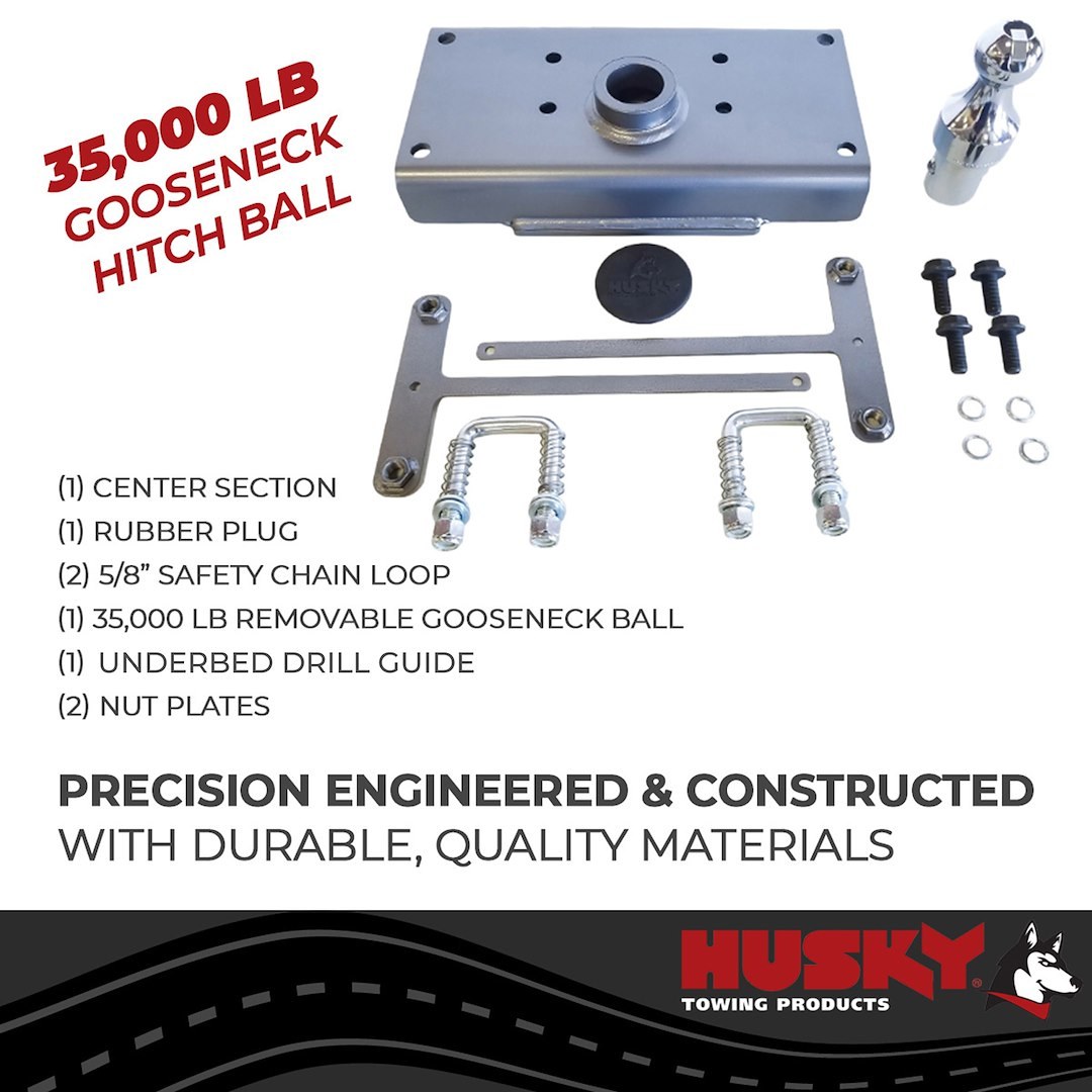 Husky Towing Gooseneck Trailer Hitch, 35000 Pound Gross Weight Capacity/ 8750 Pound Tongue Weight, Under Bed, 2-5/16 Inch Removable Ball – 33207
