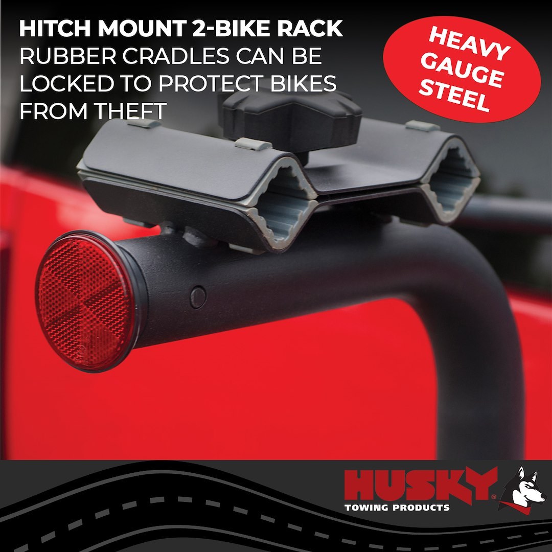 Husky Towing Bike Rack, 2 Inch Receiver Hitch Mount, Holds 2 Bikes, Up to 60 Pound Weight Capacity, Bike Frame Clamp, Without Lock – 81146