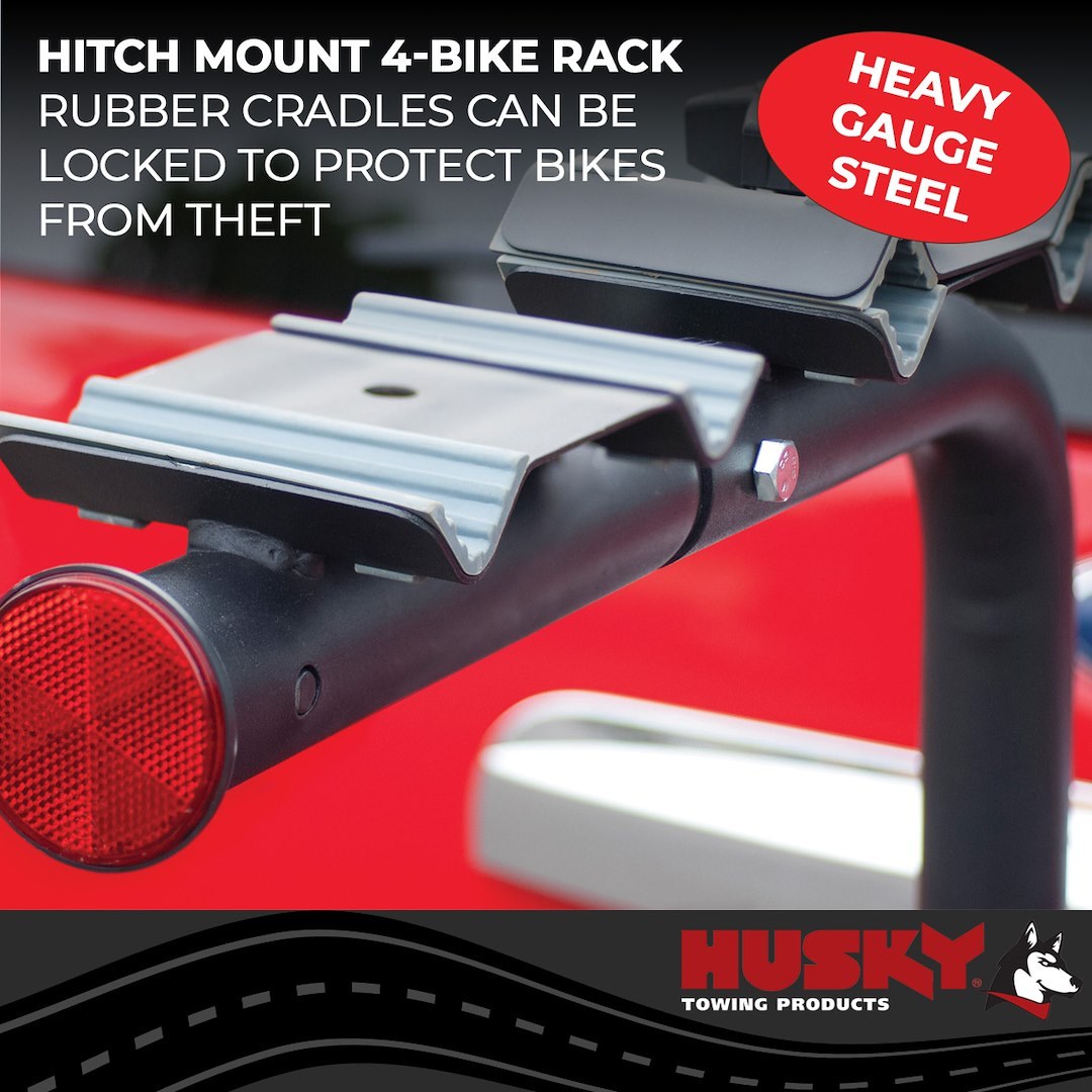 Husky Towing Bike Rack, 2 Inch Receiver Hitch Mount, Holds 4 Bikes, Up to 120 Pound Weight Capacity, Cradle System, Without Lock, Non-Foldable – 81147