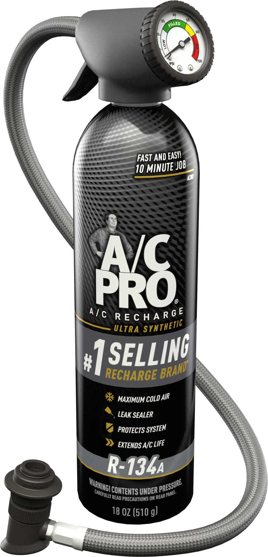 Interdynamic Air Conditioner Charging Kit, A/C Pro ®, R-134A Ultra Synthetic Refrigerant, 18 Ounce Can – AC001KA18A-1US