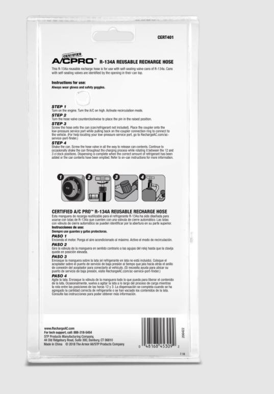 Interdynamic Air Conditioner Charging Hose Kit, A/C Pro ®, Compatible with Self-Sealing R-134A Refrigerant Cans, 8 Inch Hose – CERT401-1