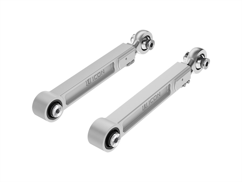 ICON Vehicle Dynamics Control Arm, Delta Joint, Boxed, Non Adjustable, Silver, Billet Aluminum, Non Greaseable, Set of 2 – 54102