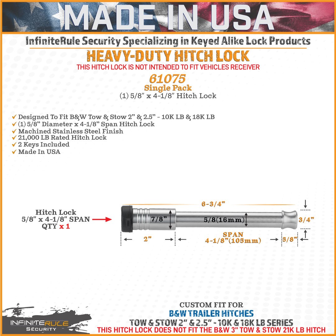 Infiniterule Trailer Hitch Pin, For Use with B&w 2 Inch/ 2-1/2 Inch Tow and Stow 10000 Pound/ 18000 Pound Hitch, Barbell, With Keyed Lock – 61075-S