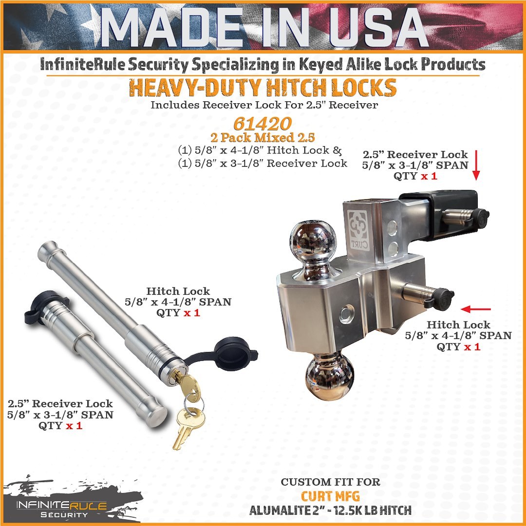 Infiniterule Trailer Hitch Pin, For Use with Curt 2 Inch Alumalite Adjustable Hitch/ 2-1/2 Inch Receiver, Barbell, With Keyed Lock – 61420-S