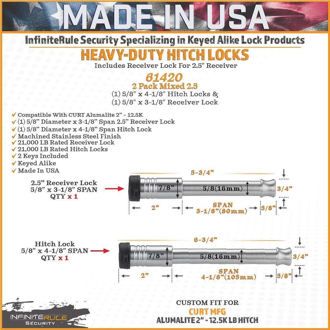 Infiniterule Trailer Hitch Pin, For Use with Curt 2 Inch Alumalite Adjustable Hitch/ 2-1/2 Inch Receiver, Barbell, With Keyed Lock – 61420-S