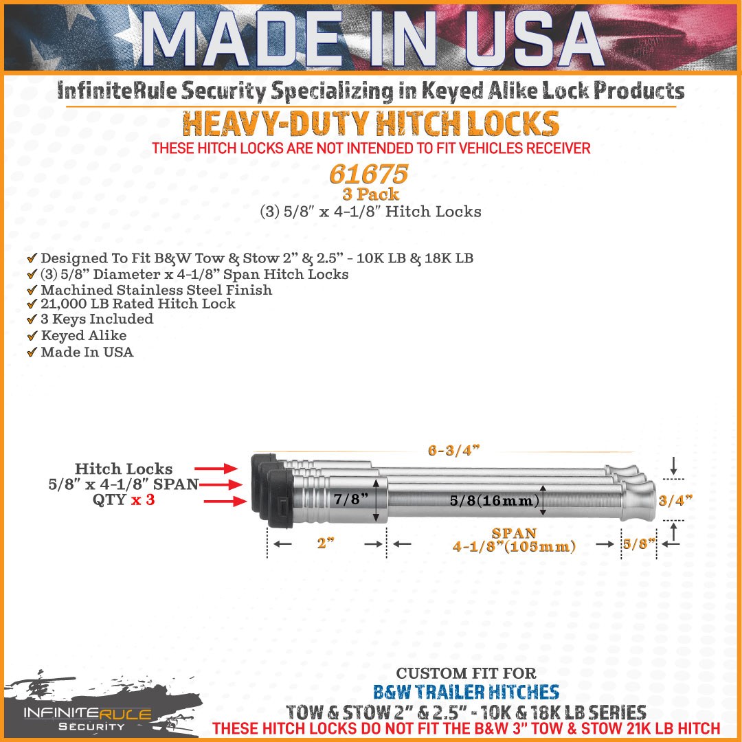 Infiniterule Trailer Hitch Pin, For Use with B&w 2 Inch/ 2-1/2 Inch Tow and Stow 10000 Pound/ 18000 Pound Hitch, Barbell, With Keyed Lock – 61675-S
