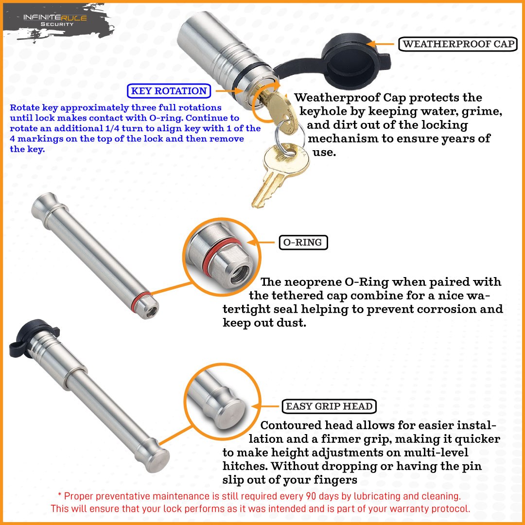 Infiniterule Trailer Hitch Pin, For Use with B&w 2 Inch/ 2-1/2 Inch Tow and Stow 10000 Pound/ 18000 Pound Hitch, Barbell, With Keyed Lock – 61675-S