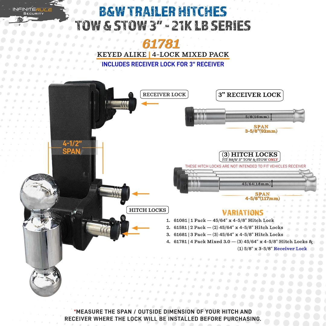 Infiniterule Trailer Hitch Pin, For Use with B&w 3 Inch Tow and Stow 21000 Pound Hitch/ 3 Inch Receiver, Barbell, With Keyed Lock – 61781-S