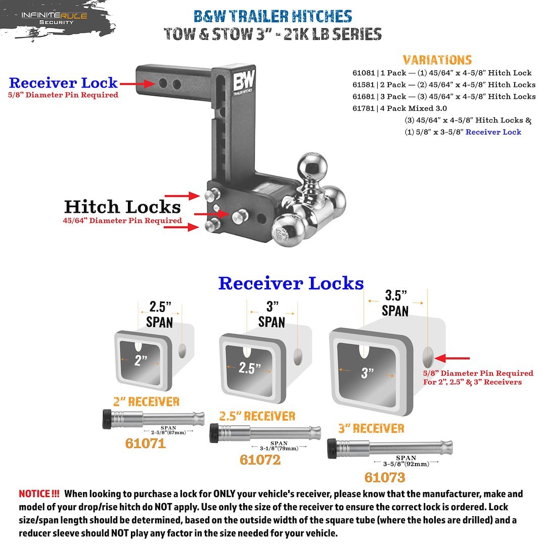 Infiniterule Trailer Hitch Pin, For Use with B&w 3 Inch Tow and Stow 21000 Pound Hitch/ 3 Inch Receiver, Barbell, With Keyed Lock – 61781-S