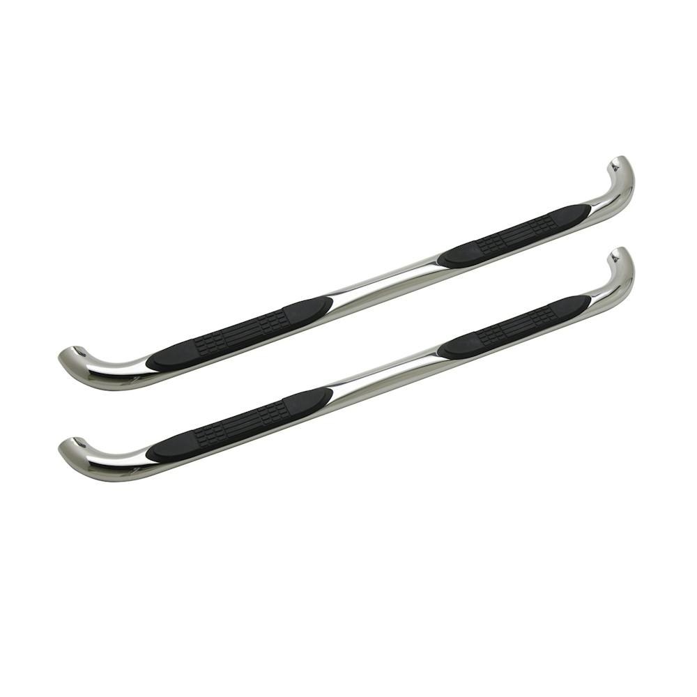 Iconic Acces Nerf Bar, With Step Pads, 3 Inch Round with 90 Degree Mandrel Bent Ends, Polished, Silver, Stainless Steel, Rocker Panel Mount – 113-0423