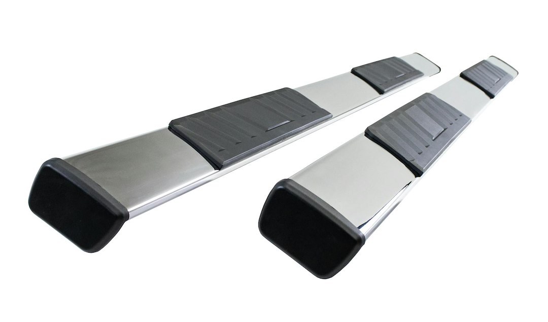 Iconic Acces Nerf Bar, Quadrastep®, With Step Pads, 4 Inch Rectangular Straight, Polished, Silver, Stainless Steel, With Plastic End Caps – 122-0493