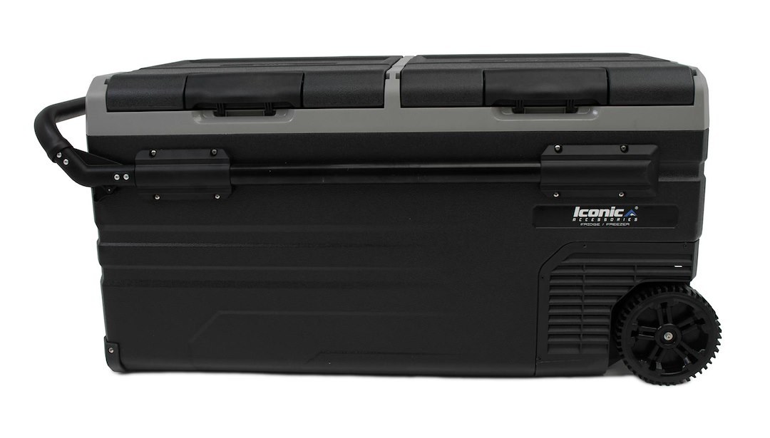 Iconic Acces Refrigerator, Dual Compartment Adjustable for Refrigerator or Freezer Function, Portable, 100 Quart Capacity, 12/ 24 Volt DC – 820-0095