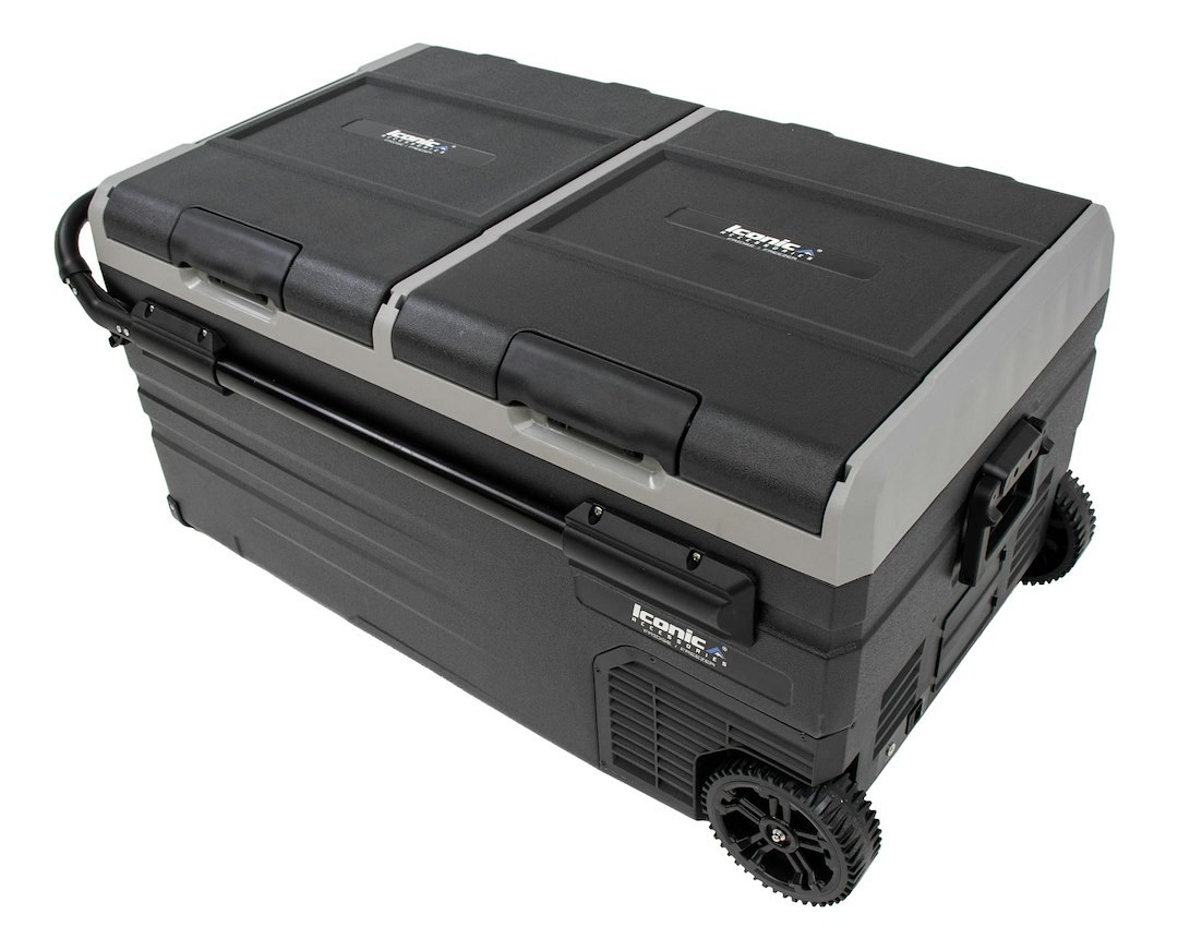 Iconic Acces Refrigerator, Dual Compartment Adjustable for Refrigerator or Freezer Function, Portable, 100 Quart Capacity, 12/ 24 Volt DC – 820-0095
