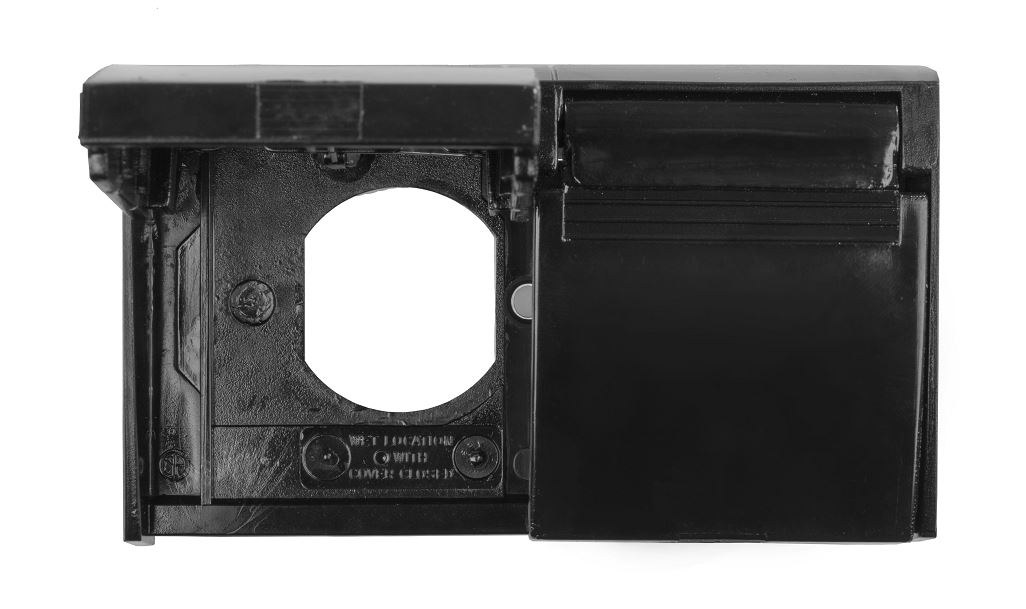 JR Products Receptacle Cover, For Use with Standard Two Outlet Electrical Unit, Spring Loaded Hinges, Black, With Weatherproof Gasket – 05-12115