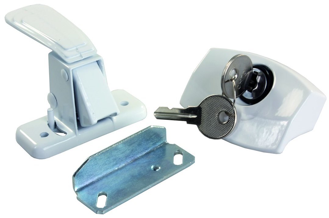 JR Products Entry Door Latch, Universal, Keyed Alike Using Single Sided 701 Style Key, Painted, White, Die Cast Steel, With Mounting Screws – 11685