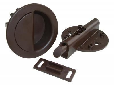 JR Products Entry Door Latch, Use to Latch Cabinets or Doors, Surface Mount, 2-1/2 Inch Latch Diameter, Brown, With Replacement Screws, Single – 70315