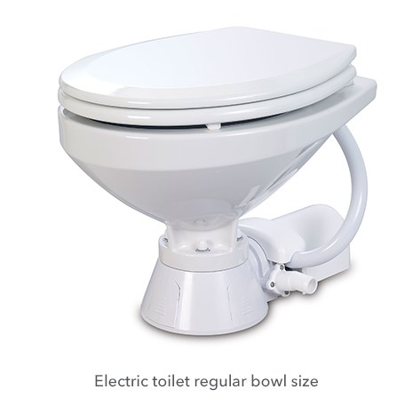 Jabsco Toilet, Permanent, Regular Size Bowl, Round Wood Seat, Single Button Flush Control, Electric Flush, White Vitreous China Bowl – 37010-4094