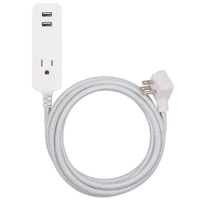 Jasco Extension Cord, Cordinate, 3 Prong/ 1 Grounded Outlet with 2 USB Port, 2.4 Amp, 10 Foot Length, White/ Gray, Without Plug Head Handle – 37917