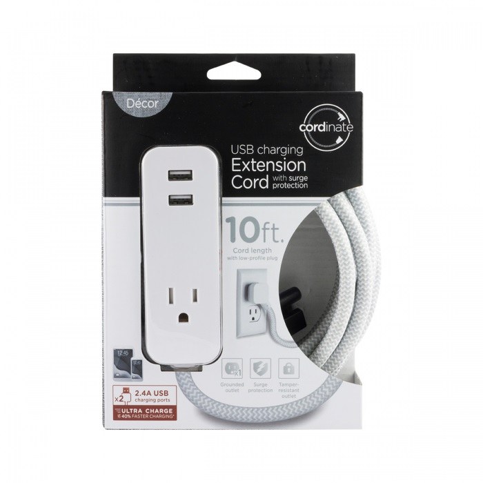 Jasco Extension Cord, Cordinate, 3 Prong/ 1 Grounded Outlet with 2 USB Port, 2.4 Amp, 10 Foot Length, White/ Gray, Without Plug Head Handle – 37917