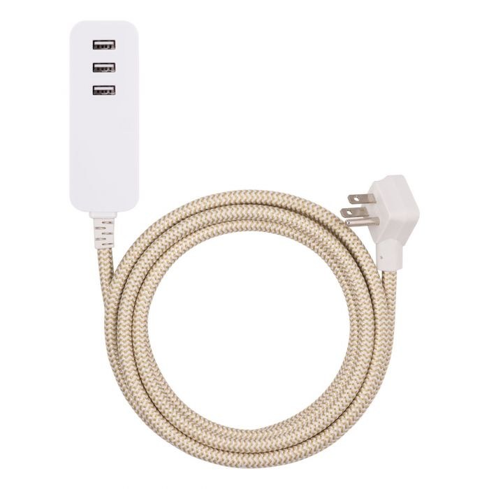 Jasco Extension Cord, Cordinate, 3 Prong/ 3 USB Port, 3.4 Amp, 10 Foot Length, White/ Tan, Without Plug Head Handle, Ul Approved – 37922