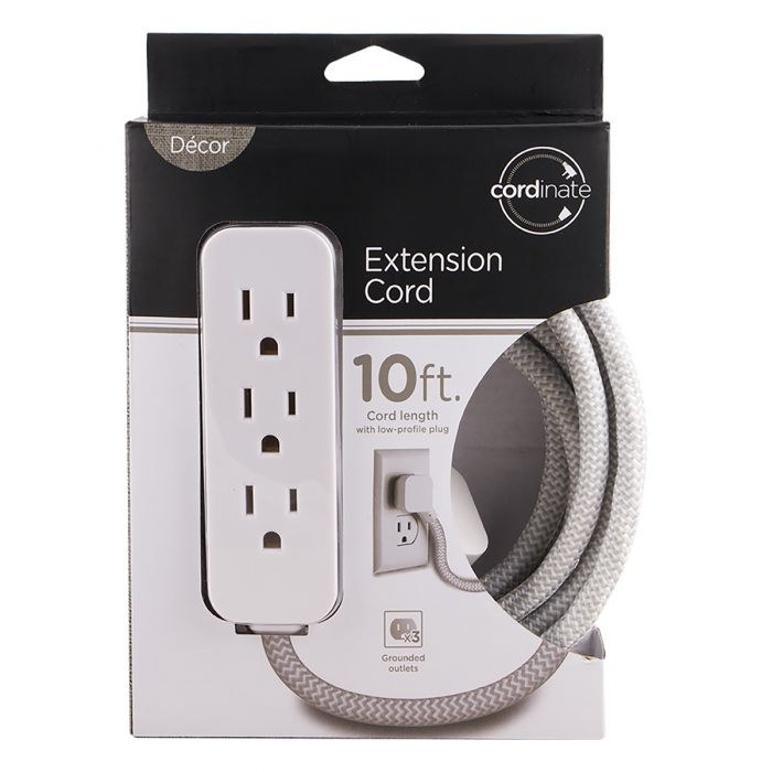 Jasco Extension Cord, Cordinate, 3 Prong/ 3 Grounded AC Outlet, 10 Foot Length, White/ Gray, Without Plug Head Handle – 39624-T2