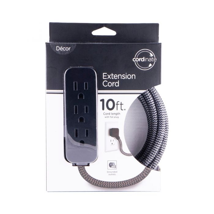 Jasco Extension Cord, Cordinate, 125 Volt Extension Cord, 3 Prong/ 3 Outlet, 13 Amp, 10 Foot Length, Black/ Gray, Without Plug Head Handle – 42024-T2