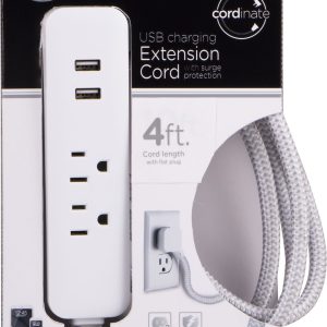 Jasco Extension Cord, Two AC Outlet/ Two USB Port, 2.4 Amp, 4 Foot Braided Length, White/ Gray – 43678
