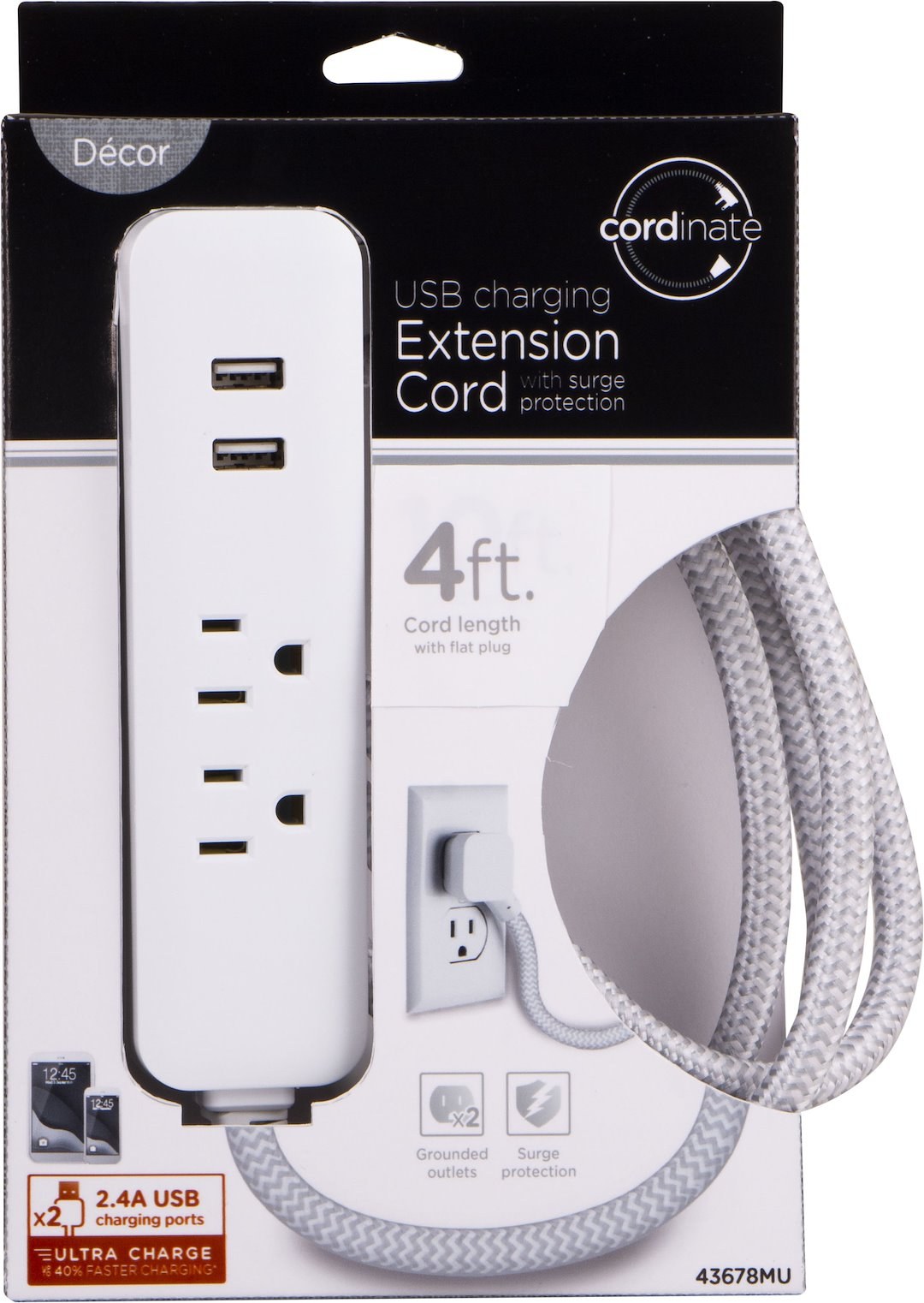 Jasco Extension Cord, Two AC Outlet/ Two USB Port, 2.4 Amp, 4 Foot Braided Length, White/ Gray – 43678