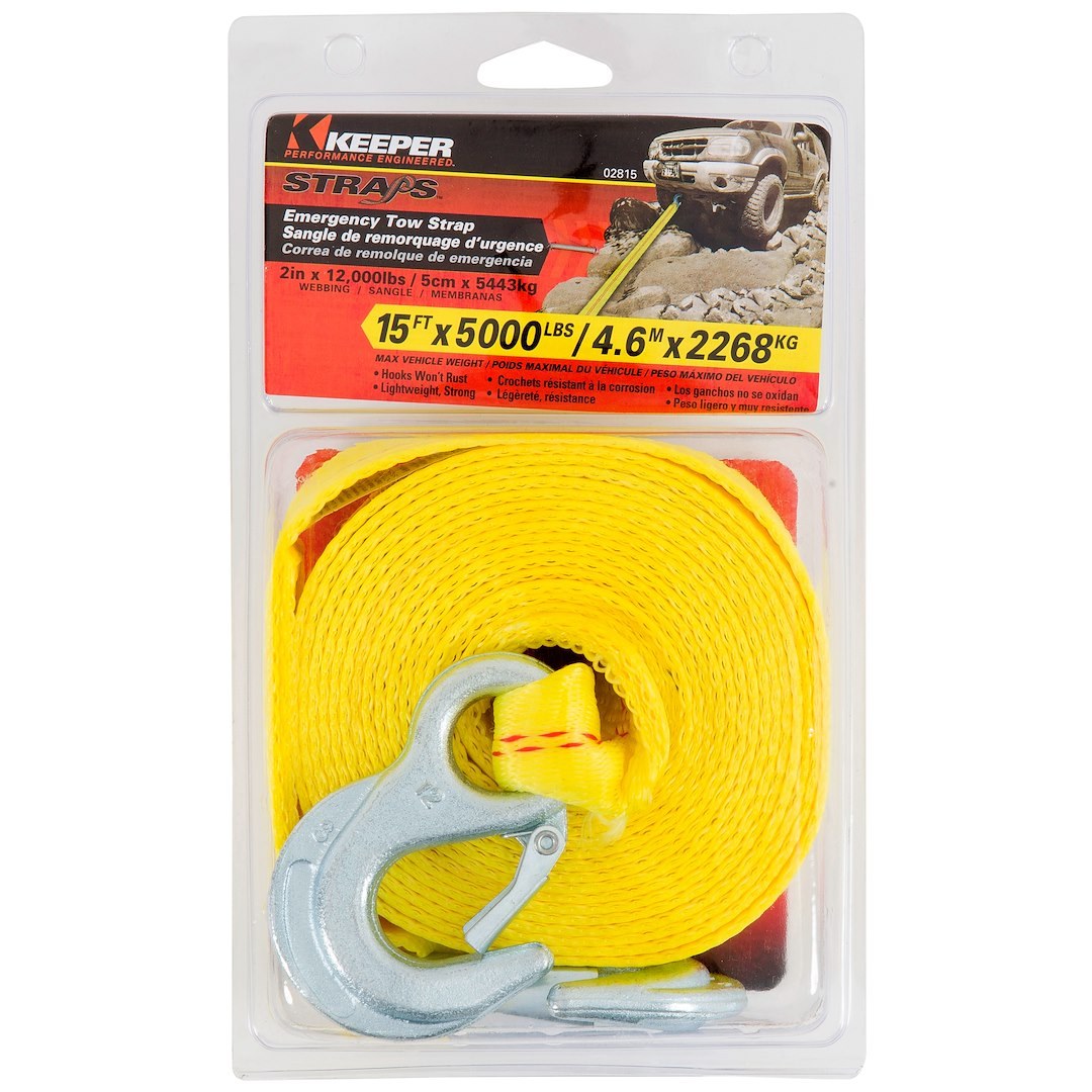 Hampton Prod Tow Strap, 15 Feet Length X 2 Inch Width, Rated to 5000 Pound, Yellow, With Spring Latch – 02815