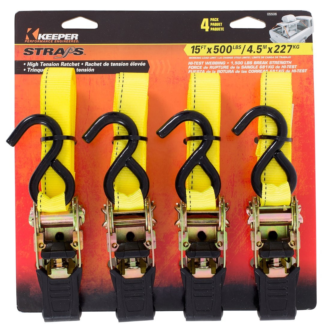 Hampton Prod Tie Down Strap, 15 Feet Length X 1 Inch Width, 500 Pound Load Capacity, 1500 Pound Break Strength, With Ratchet, Yellow – 05506