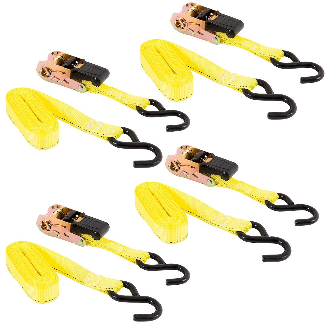 Hampton Prod Tie Down Strap, 15 Feet Length X 1 Inch Width, 500 Pound Load Capacity, 1500 Pound Break Strength, With Ratchet, Yellow – 05506