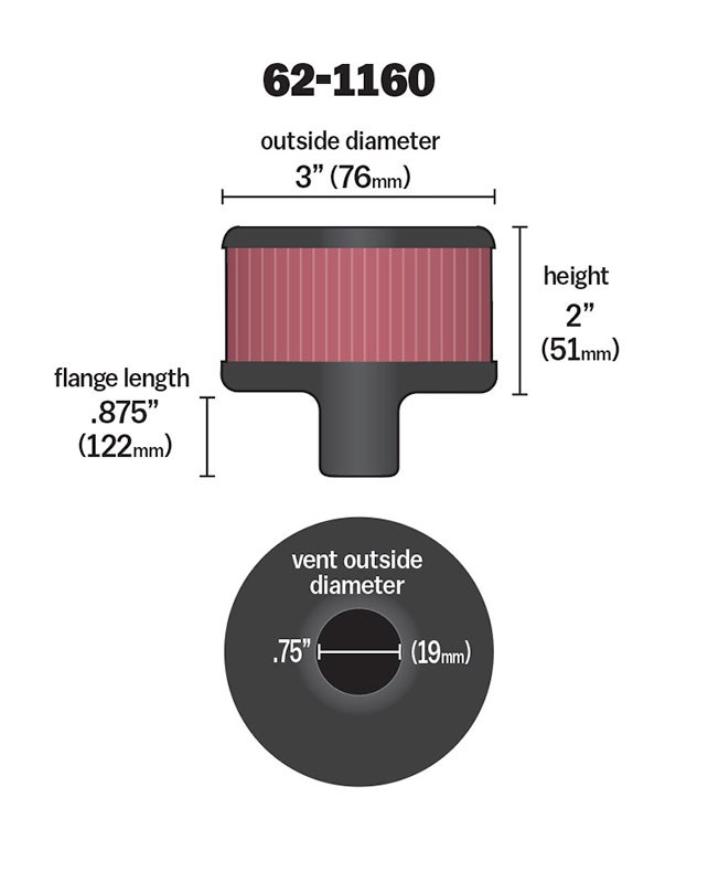 K&N Filters Crankcase Breather Filter, Push IN with 3/4 Inch Outside Diameter Tube, 2 Inch Height, Metal Top Style, Without Deflector Shield – 62-1160