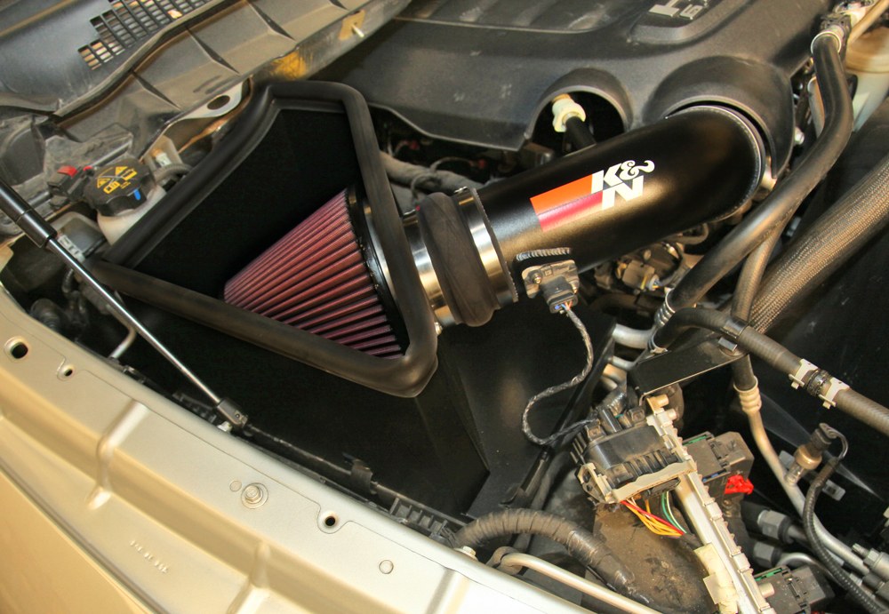 K&N Filters Cold Air Intake, 77 Series ™, Textured Black Aluminum Tube, Red Filter, With Heat Shield – 77-1568KTK