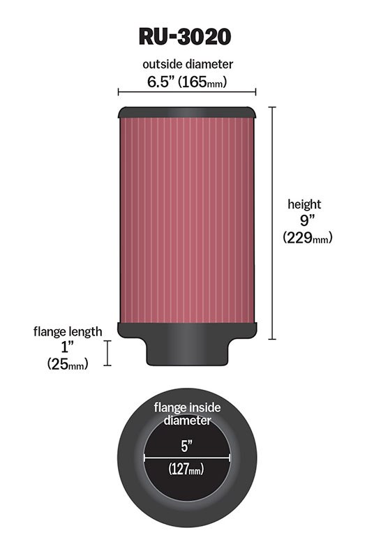 K&N Filters Air Filter, Washable, Red, Cotton Gauze, Round, 6-1/2 Inch Outside Diameter X 9 Inch Height – RU-3020